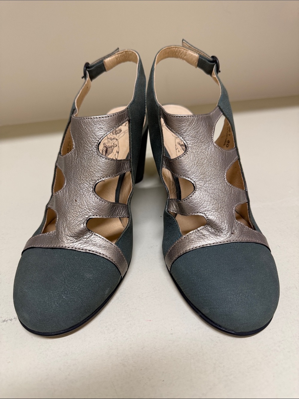 Fly London Green and Pewter Cutout Block Heel Pumps